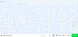 white squares on blue background showing major branching of story in Twine